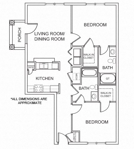 Floor plan for 2 beds, 2 baths, 1028 sqft