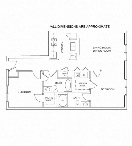 Floor plan for 2 beds, 2 baths, 1033 sqft