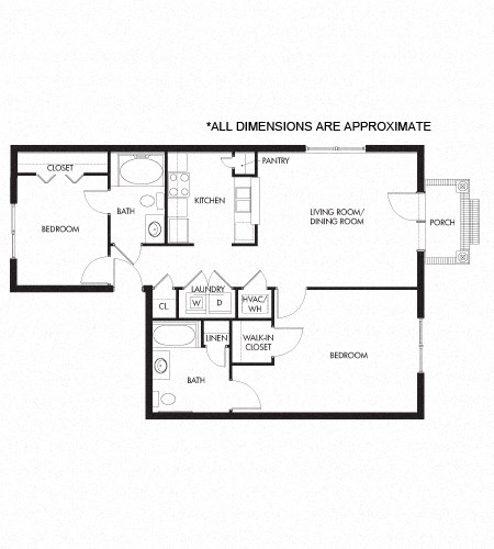 Floor plan for 2 beds, 2 baths, 1105 sqft