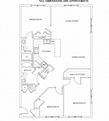 Floor plan for 3 beds, 2 baths, 1462 sqft