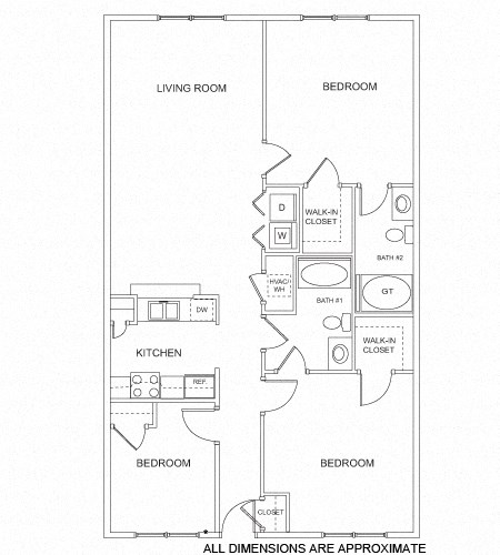 Floor plan for 3 beds, 2 baths, 1267 sqft