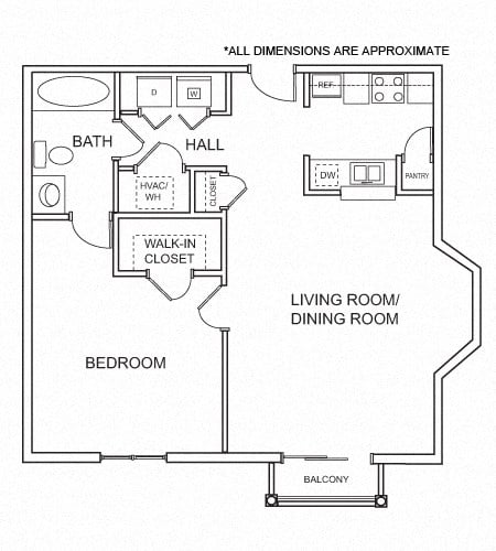 Floor plan for 1 bed, 1 bath, 732 sqft
