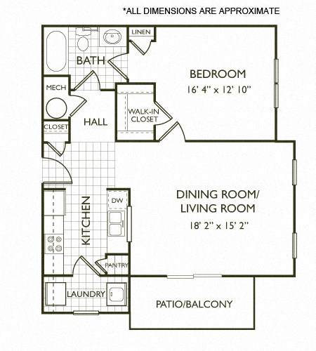Floor plan for 1 bed, 1 bath, 798 sqft