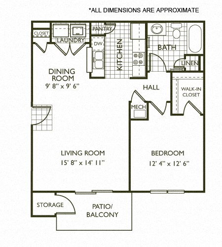 Floor plan for 1 bed, 1 bath, 800 sqft