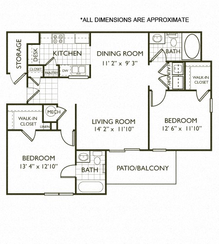 Floor plan for 2 beds, 2 baths, 1068 sqft
