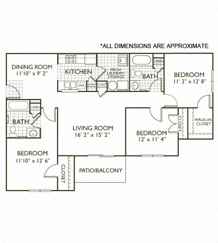 Floor plan for 3 beds, 2 baths, 1249 sqft