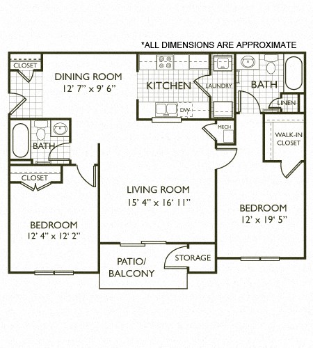 Floor plan for 2 beds, 2 baths, 1130 sqft