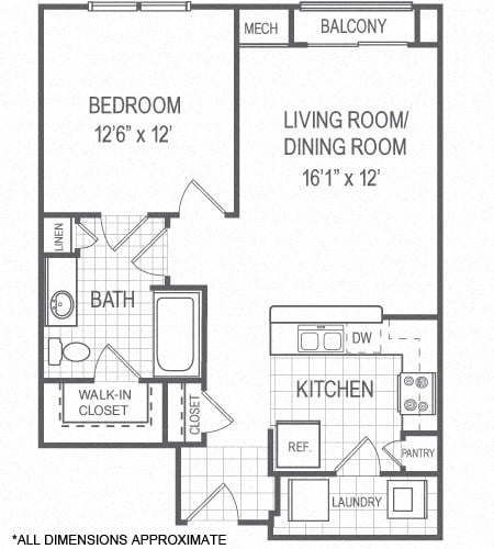 Floor plan for 1 bed, 1 bath, 702 sqft