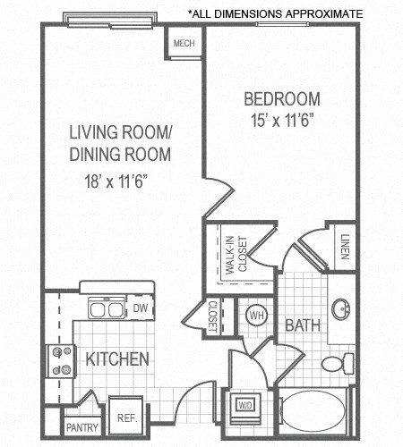 Floor plan for 1 bed, 1 bath, 722 sqft