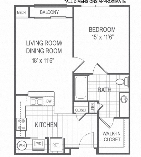 Floor plan for 1 bed, 1 bath, 727 sqft