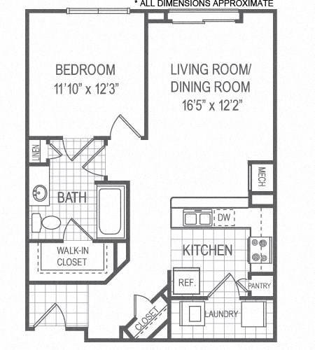 Floor plan for 1 bed, 1 bath, 750 sqft