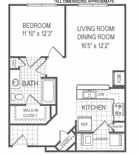 Floor plan for 1 bed, 1 bath, 750 sqft