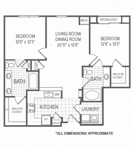 Floor plan for 2 beds, 2 baths, 1065 sqft