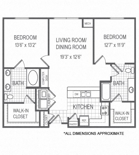 Floor plan for 2 beds, 2 baths, 1120 sqft