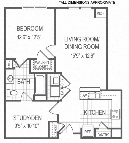 Floor plan for 1 bed, 1 bath, 836 sqft