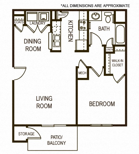 Floor plan for 1 bed, 1 bath, 800 sqft