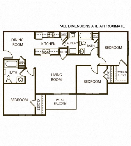 Floor plan for 3 beds, 2 baths, 1249 sqft