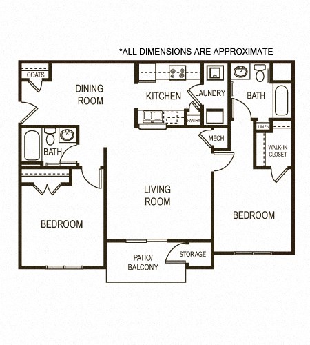 Floor plan for 2 beds, 2 baths, 1130 sqft