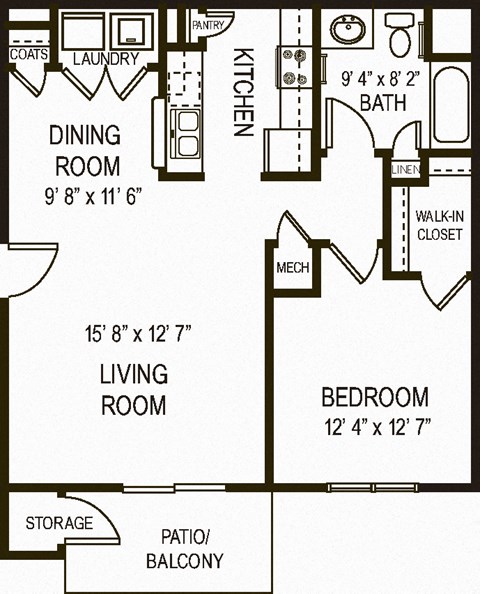 Floor plan for 1 bed, 1 bath, 800 sqft