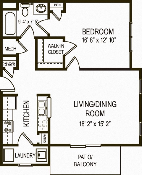 Floor plan for 1 bed, 1 bath, 798 sqft