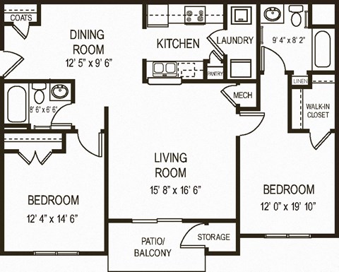 Floor plan for 2 beds, 2 baths, 1130 sqft