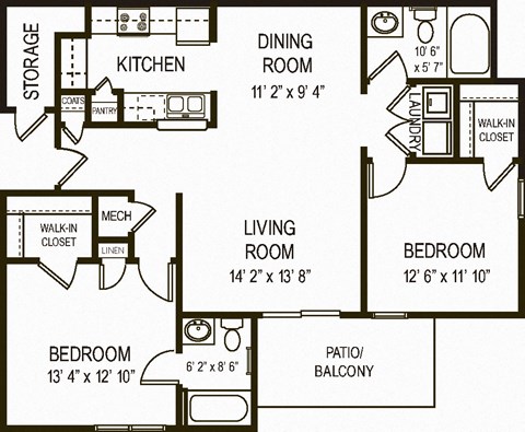 Floor plan for 2 beds, 2 baths, 1068 sqft