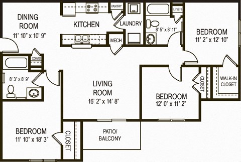 Floor plan for 3 beds, 2 baths, 1249 sqft