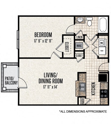 Floor plan for 1 bed, 1 bath, 829 sqft