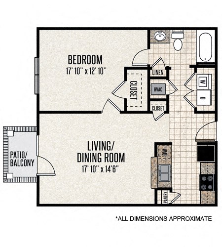 Floor plan for 1 bed, 1 bath, 832 sqft