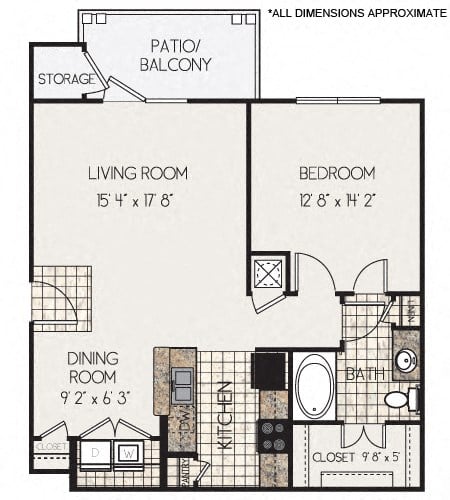 Floor plan for 1 bed, 1 bath, 784 sqft