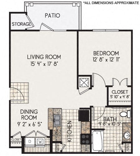 Floor plan for 1 bed, 1 bath, 784 sqft