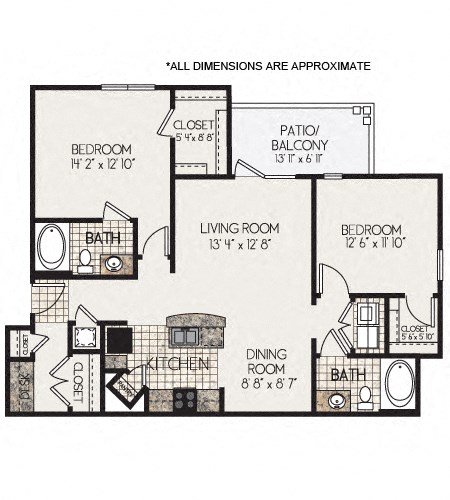 Floor plan for 2 beds, 2 baths, 1111 sqft