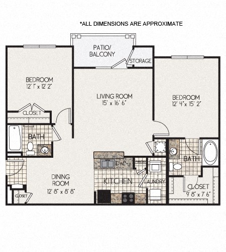 Floor plan for 2 beds, 2 baths, 1130 sqft