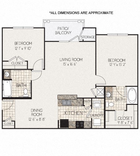 Floor plan for 2 beds, 2 baths, 1141 sqft