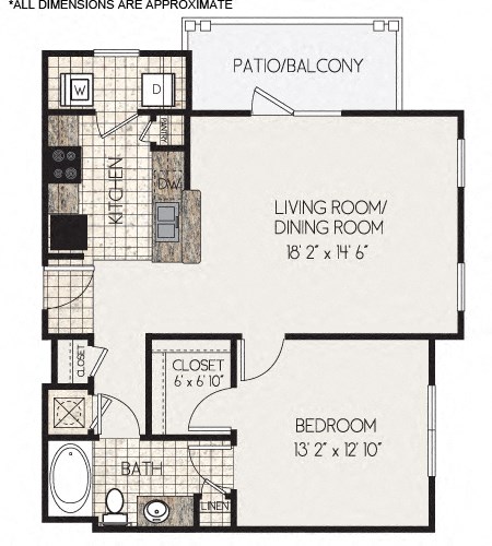 Floor plan for 1 bed, 1 bath, 798 sqft