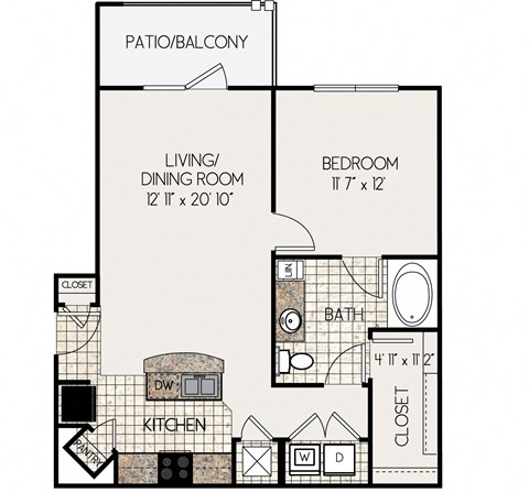 Floor plan for 1 bed, 1 bath, 715 sqft