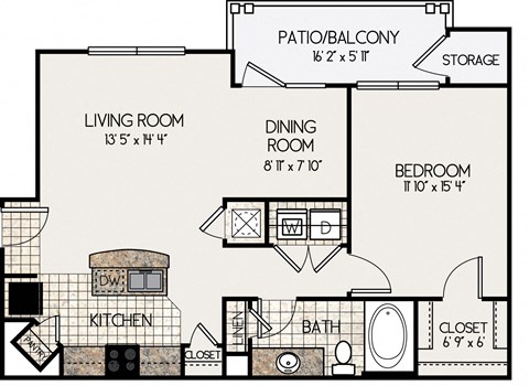 Floor plan for 1 bed, 1 bath, 797 sqft