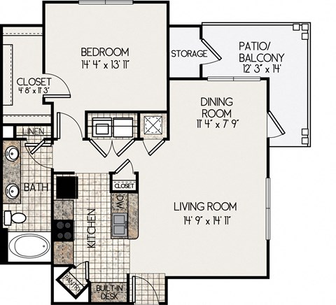 Floor plan for 1 bed, 1 bath, 871 sqft