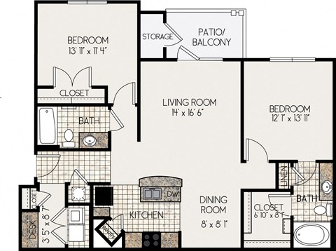 Floor plan for 2 beds, 2 baths, 1141 sqft