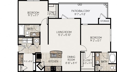 Floor plan for 2 beds, 2 baths, 1236 sqft