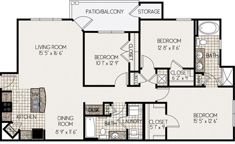 Floor plan for 3 beds, 2 baths, 1365 sqft