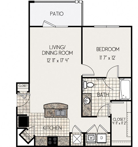Floor plan for 1 bed, 1 bath, 715 sqft