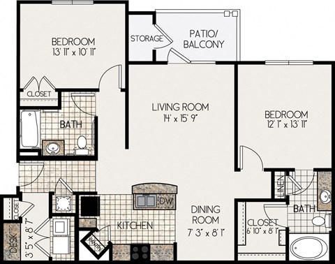 Floor plan for 2 beds, 2 baths, 1141 sqft