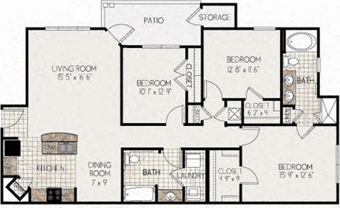 Floor plan for 3 beds, 2 baths, 1365 sqft
