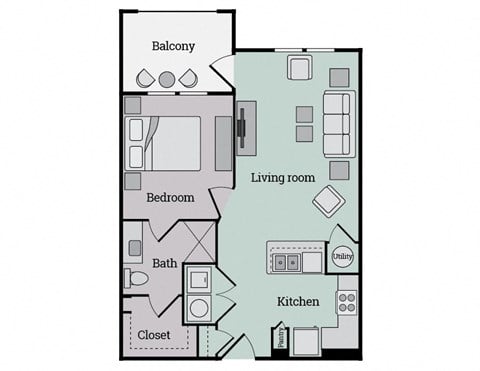 Floor plan for 1 bed, 1 bath, 697 sqft