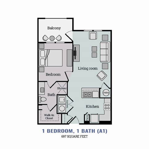 Floor plan for 1 bed, 1 bath, 697 sqft