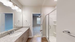 Virginia Beach apartment for rent - A bathroom with a sink, mirror, and shower.