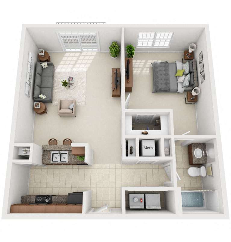 Floor plan for 1 bed, 1 bath, 827 sqft