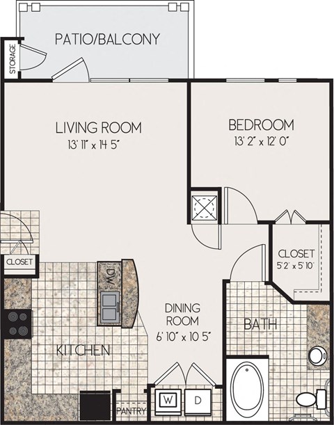 Floor plan for 1 bed, 1 bath, 784 sqft