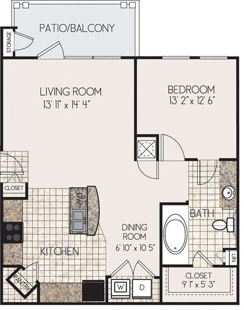 Floor plan for 1 bed, 1 bath, 784 sqft